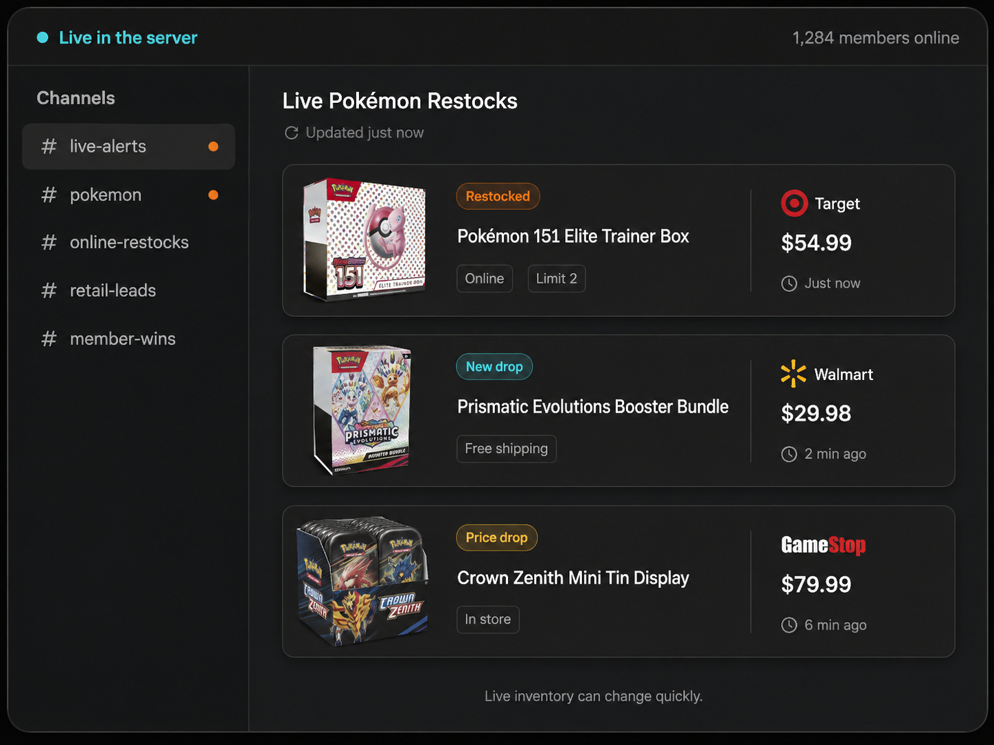 Preview of the Lunch Money Discord server showing live Pokemon restock alerts